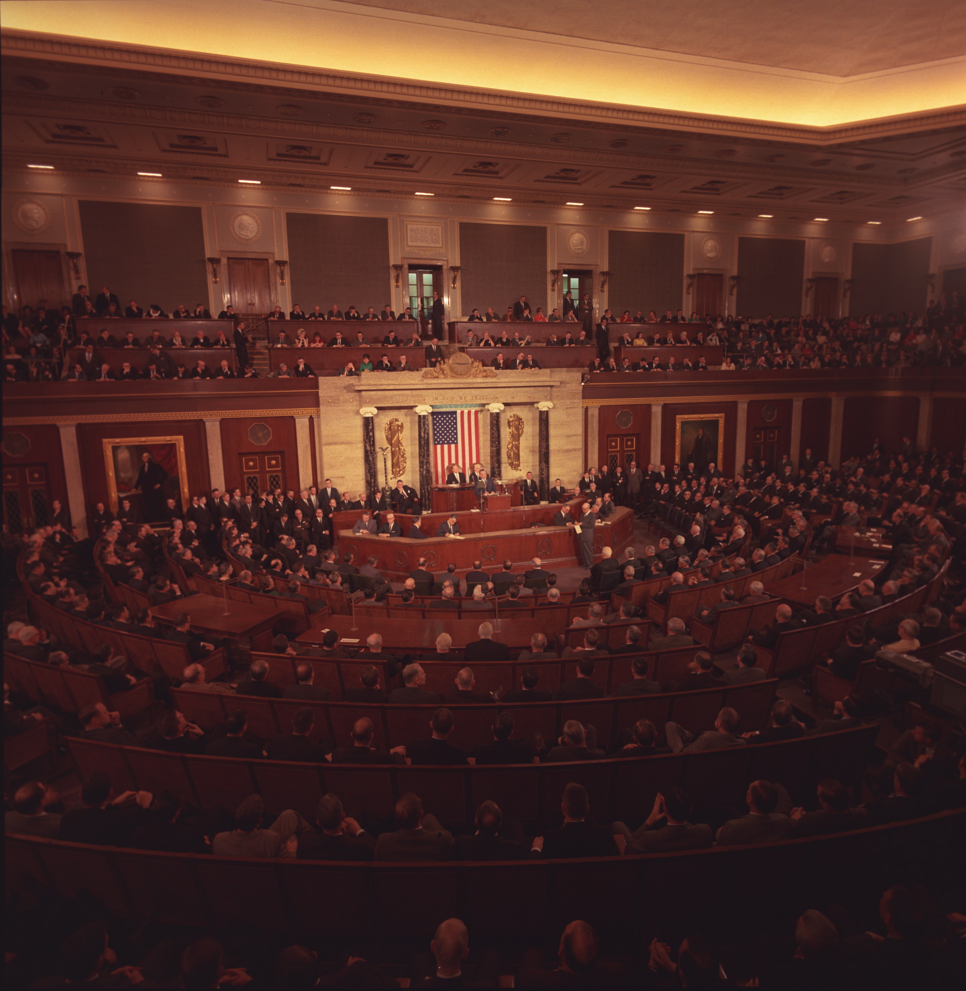 President Lyndon B. Johnson at the speaker's podium addressing a Joint Session of Congress urging the passage of the Voting Rights Act.