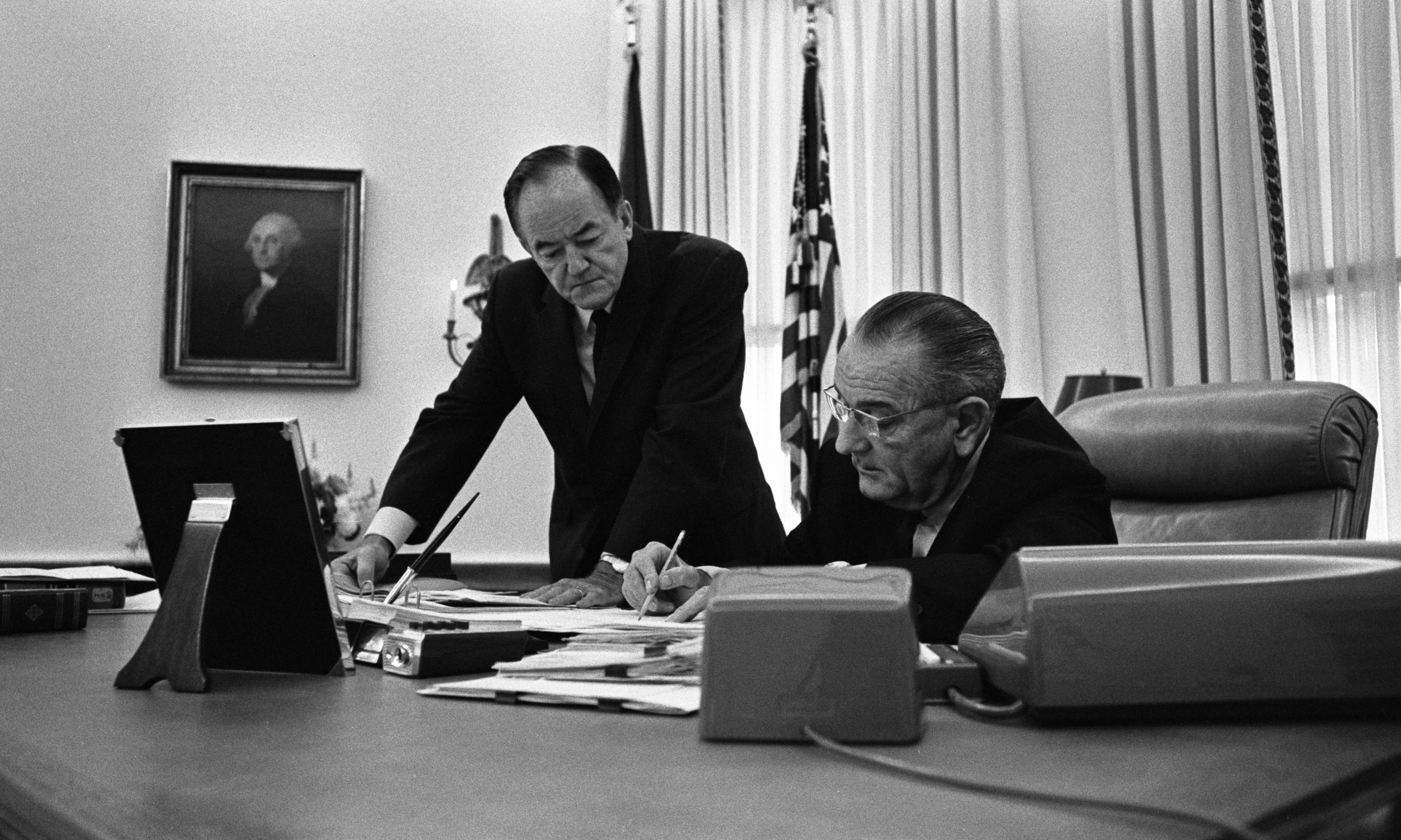 Vice President Hubert H. Humphrey and President Johnson in the Oval Office, July 29, 1967