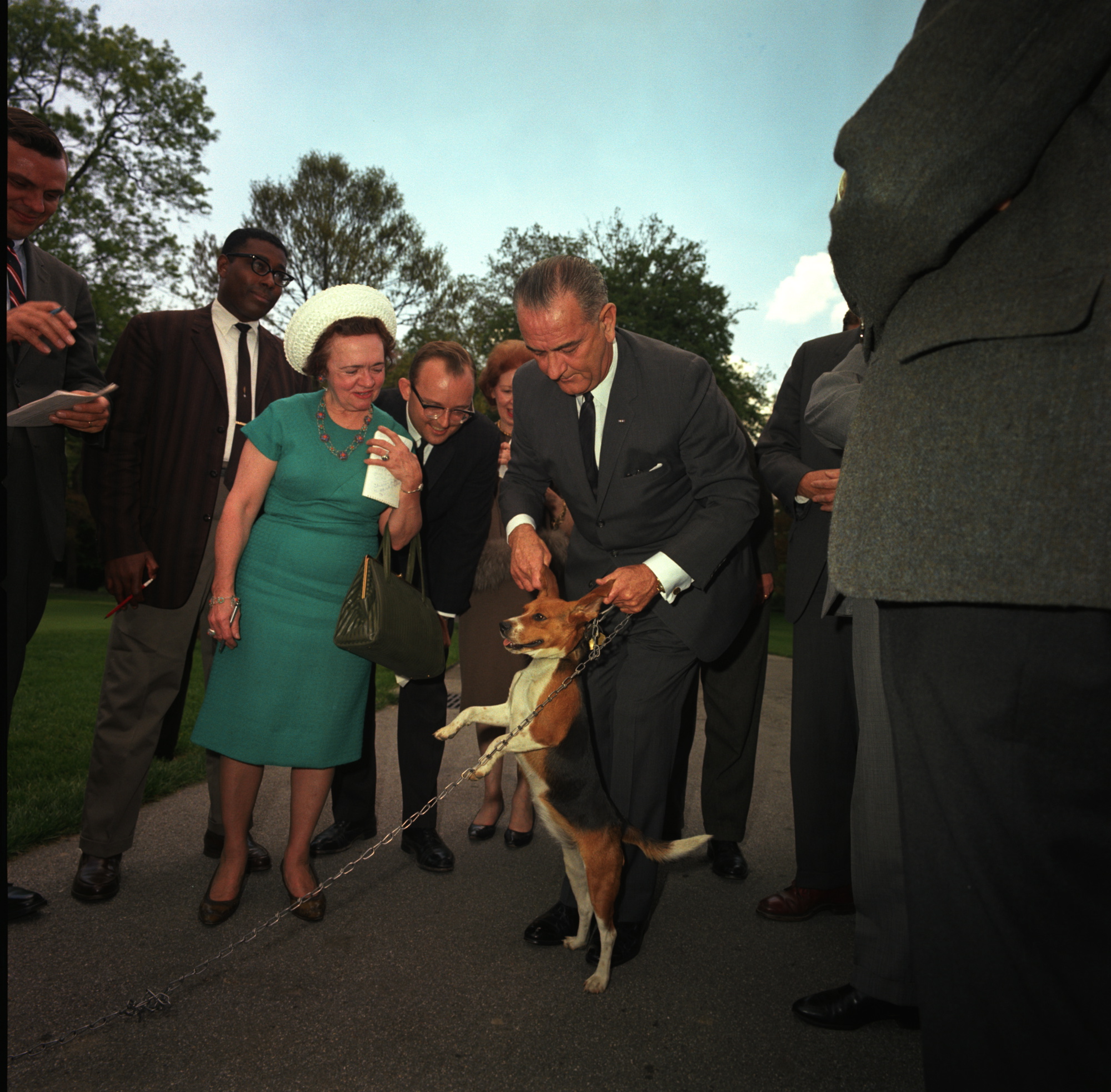 President Johnson lifts one of his beagles by the ears as members of the press look on.