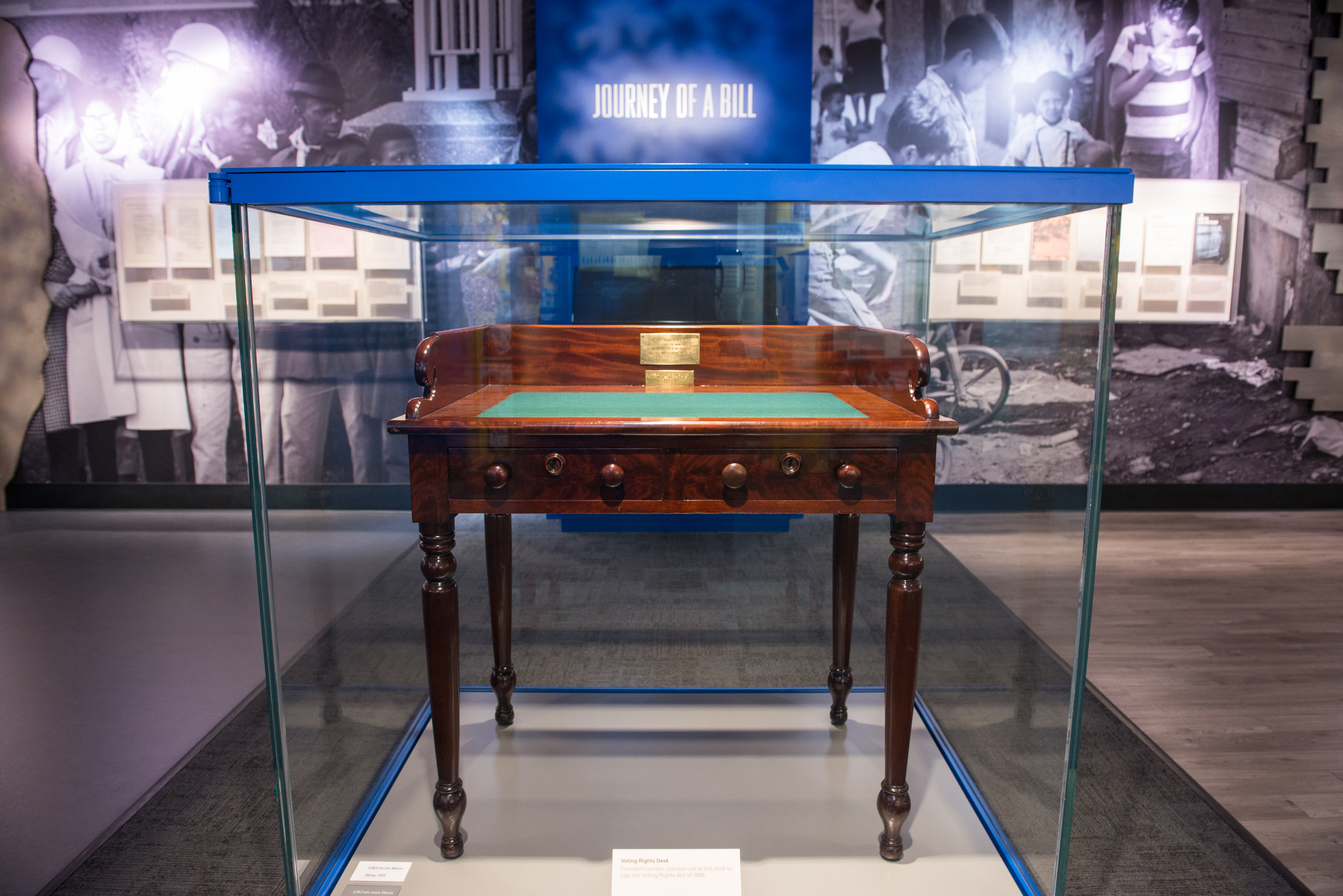 Voting Rights Act of 1965 bill signing desk on display at the LBJ Presidential Library.