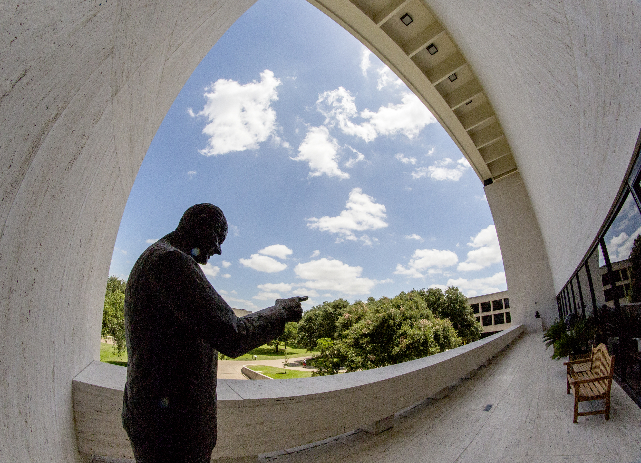 The outdoor sculpture garden at the LBJ Library, photographed with a fisheye lens.