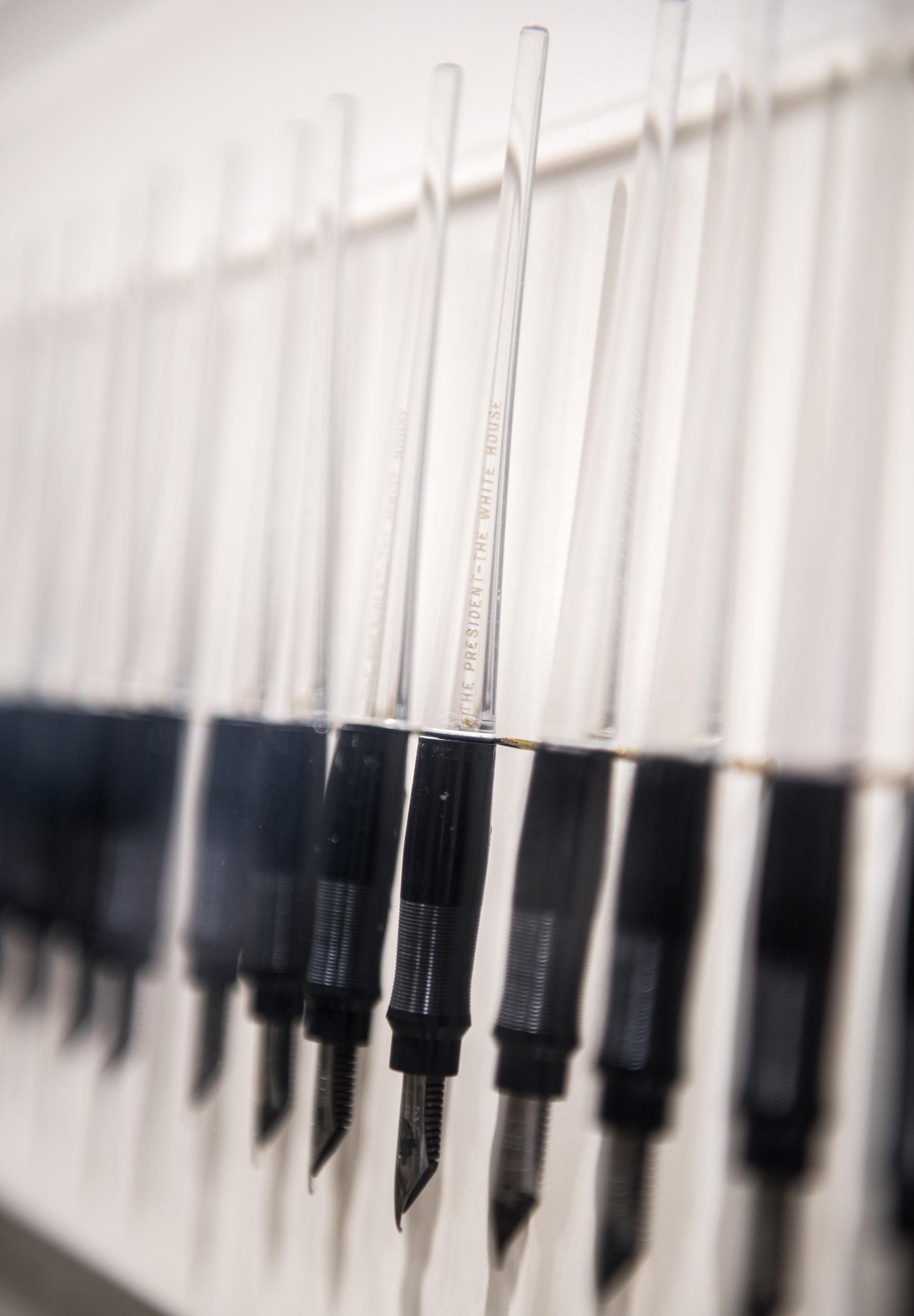 Pens used by President Johnson to sign bills into law during his time in office are on display at the LBJ Presidential Library in Austin, Texas.