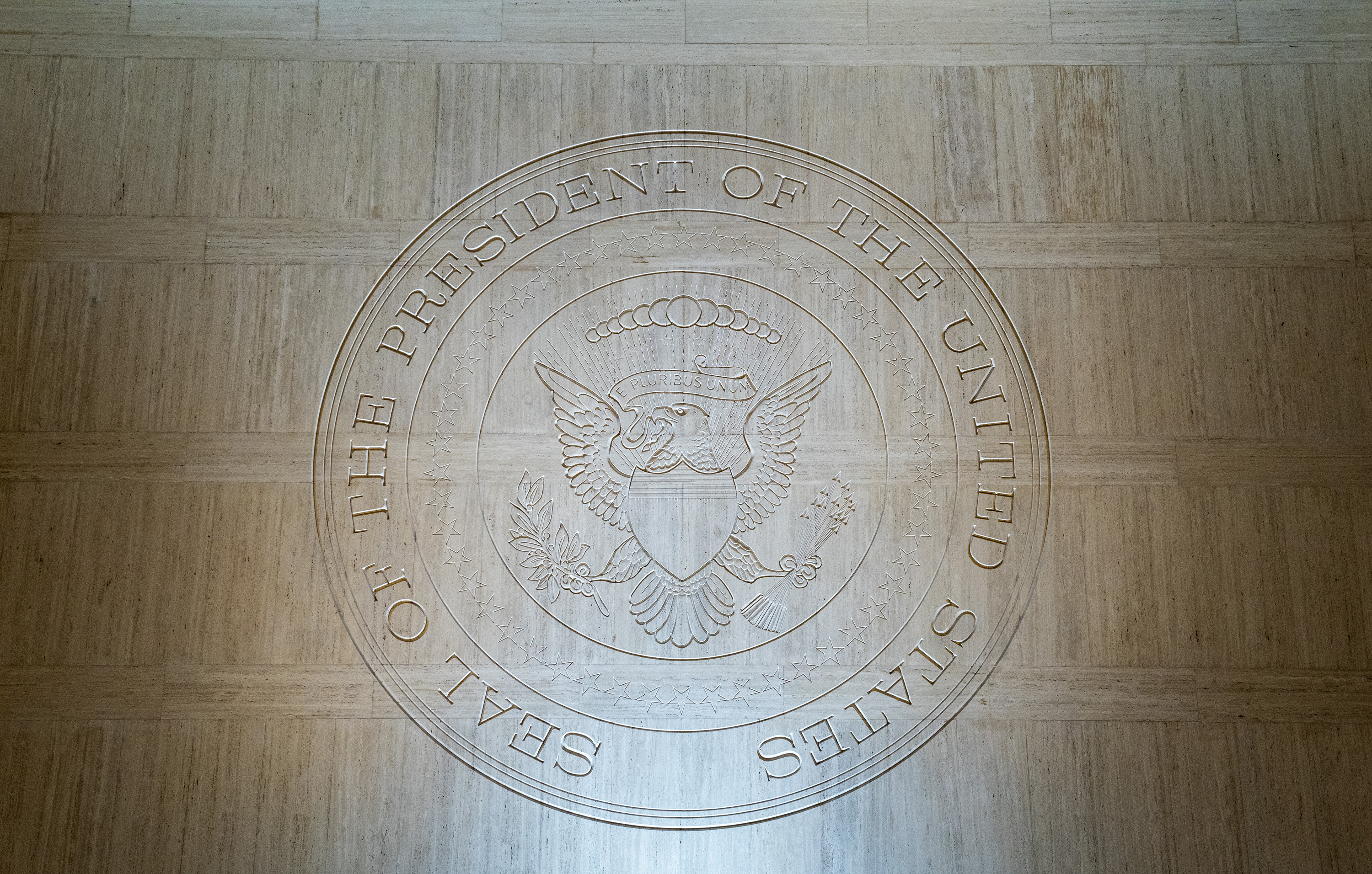 The Presidential Seal on a wall at the LBJ Library.