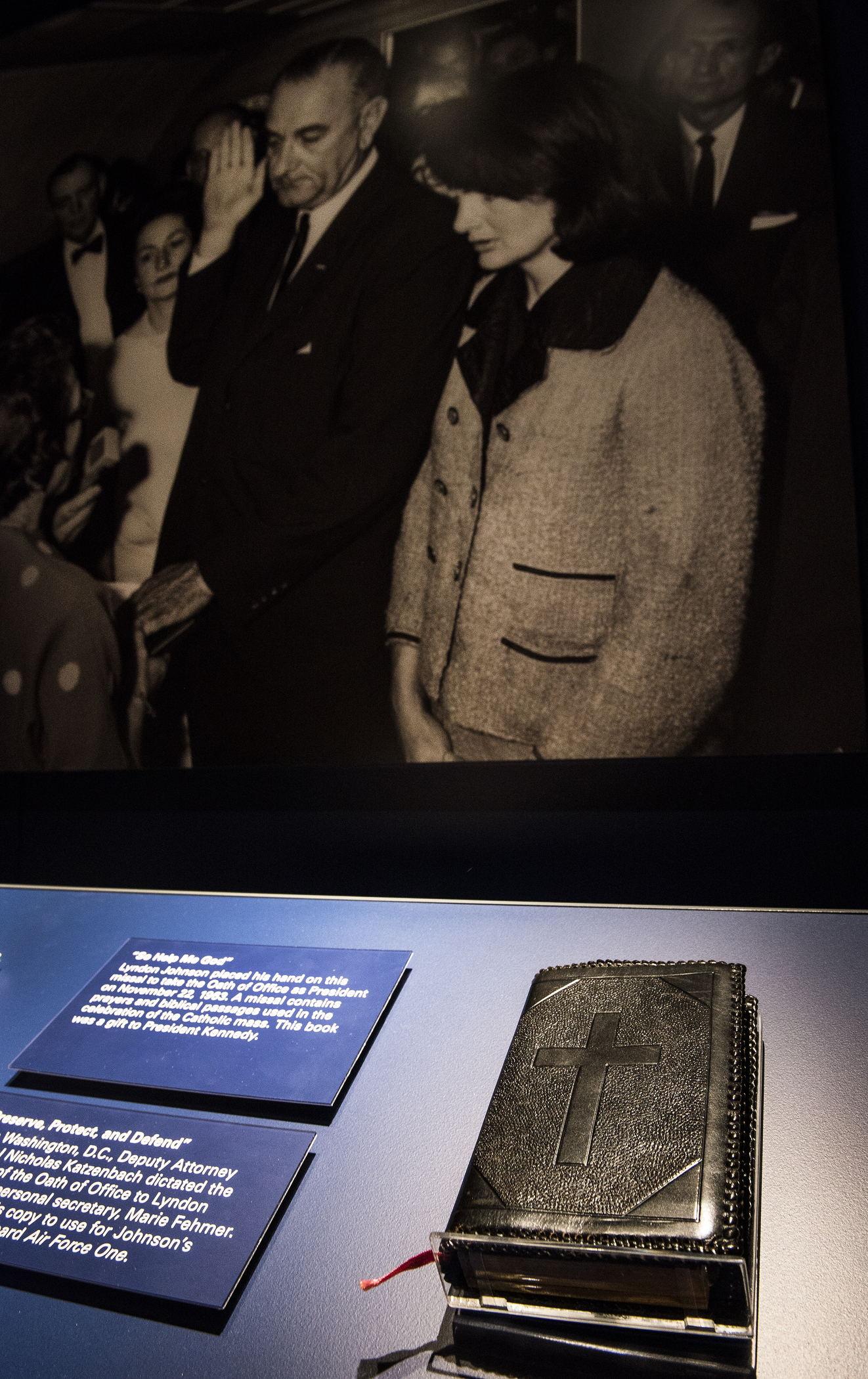 Lyndon Johnson placed his hand on this Roman Catholic missal, foreground, to take the Oath of Office as President on Nov. 22, 1963. It is on permanent display at the LBJ Presidential Library in Austin, Texas.