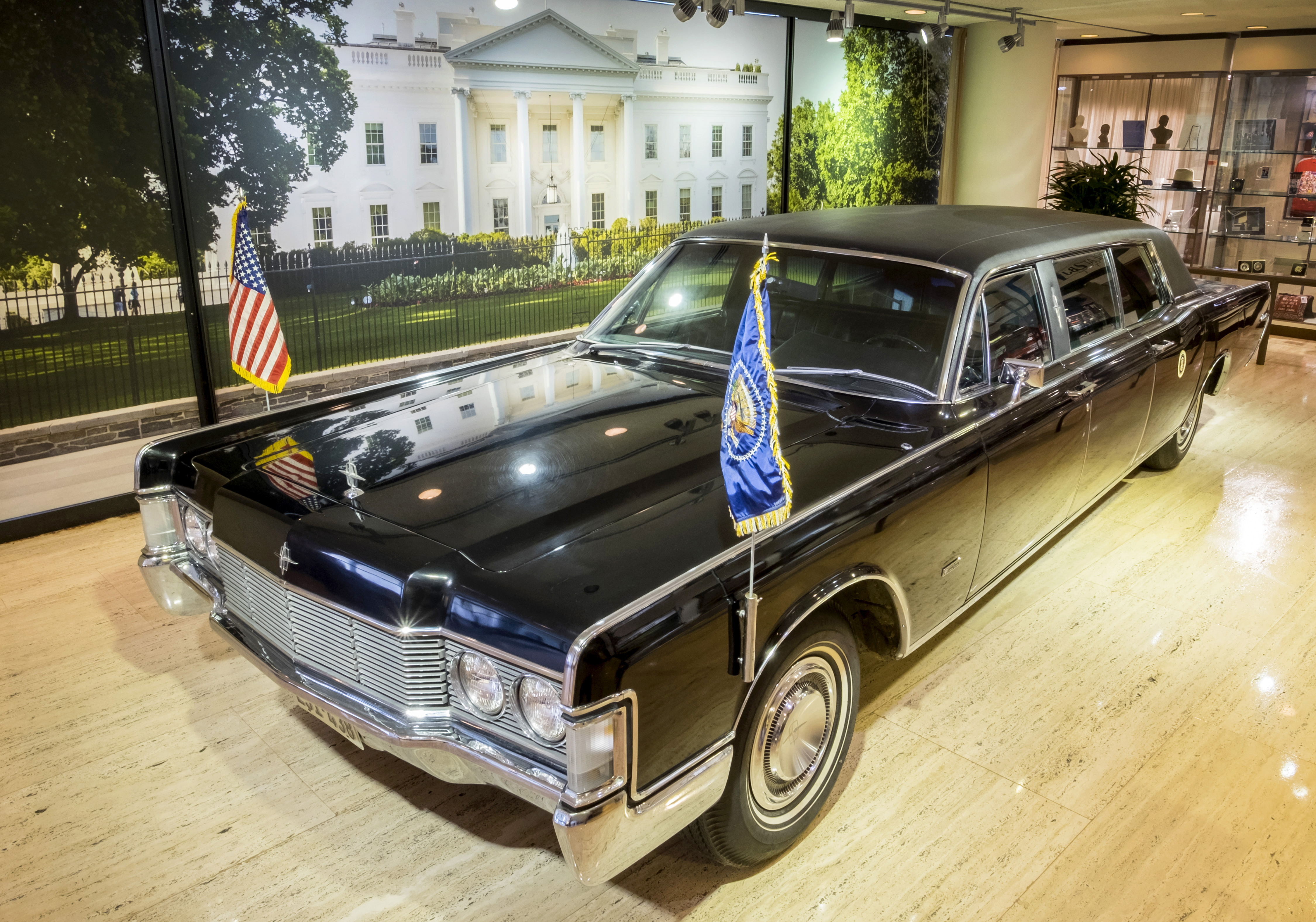 LBJ's Presidential limousine on exhibit in the lobby of the LBJ Library in Austin, Texas.