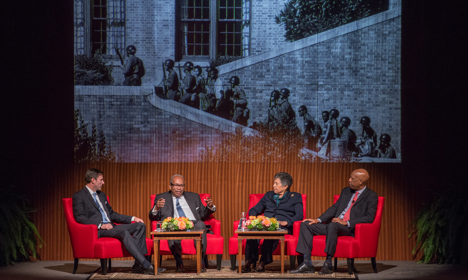 (L-R) Mark K. Updegrove and three members of the "Little Rock Nine" - Ernest Green, Carlotta Walls LaNier, and Terrence Roberts, photo by Lauren Gerson, DIG13684-120