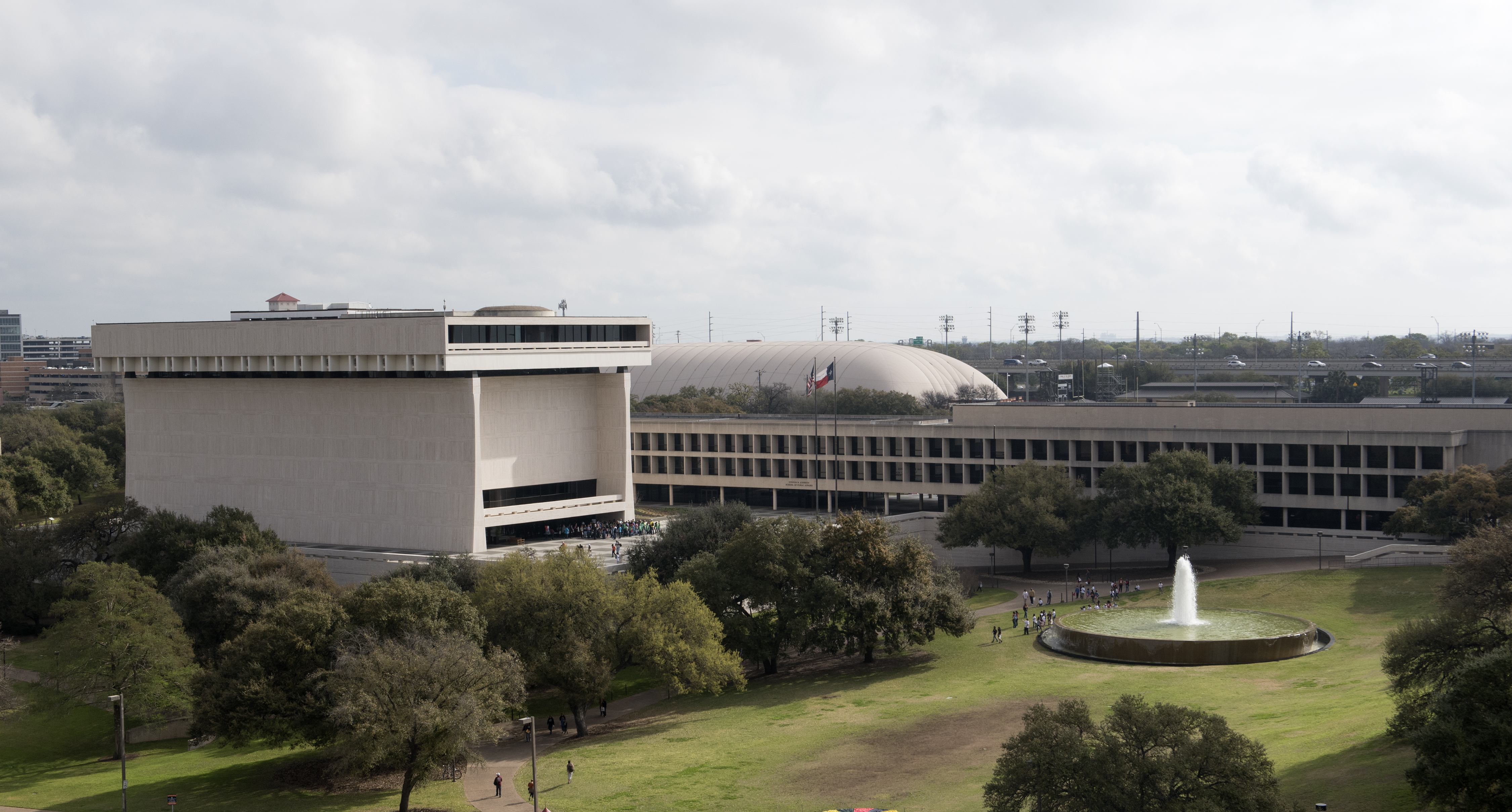 Aerial view of the LBJ Library from the DKR Memorial Stadium