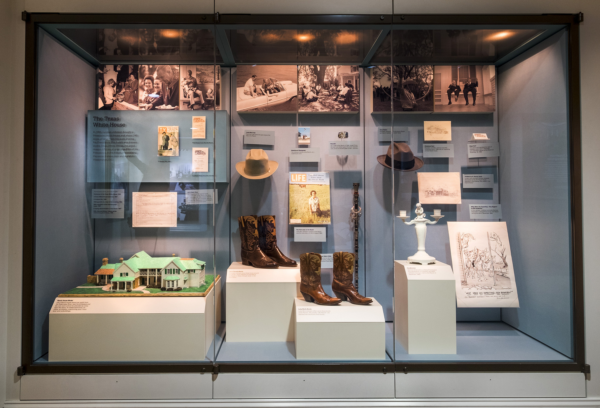 A view of LBJ ranch related artifacts in The White House Years exhibition at the LBJ Library.