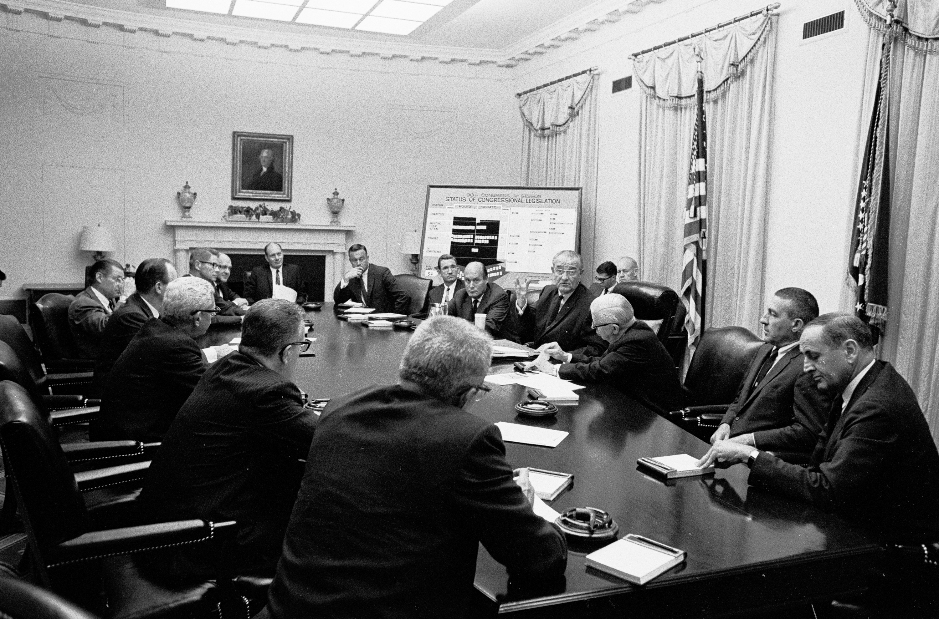 President Lyndon B. Johnson meets with his Cabinet.