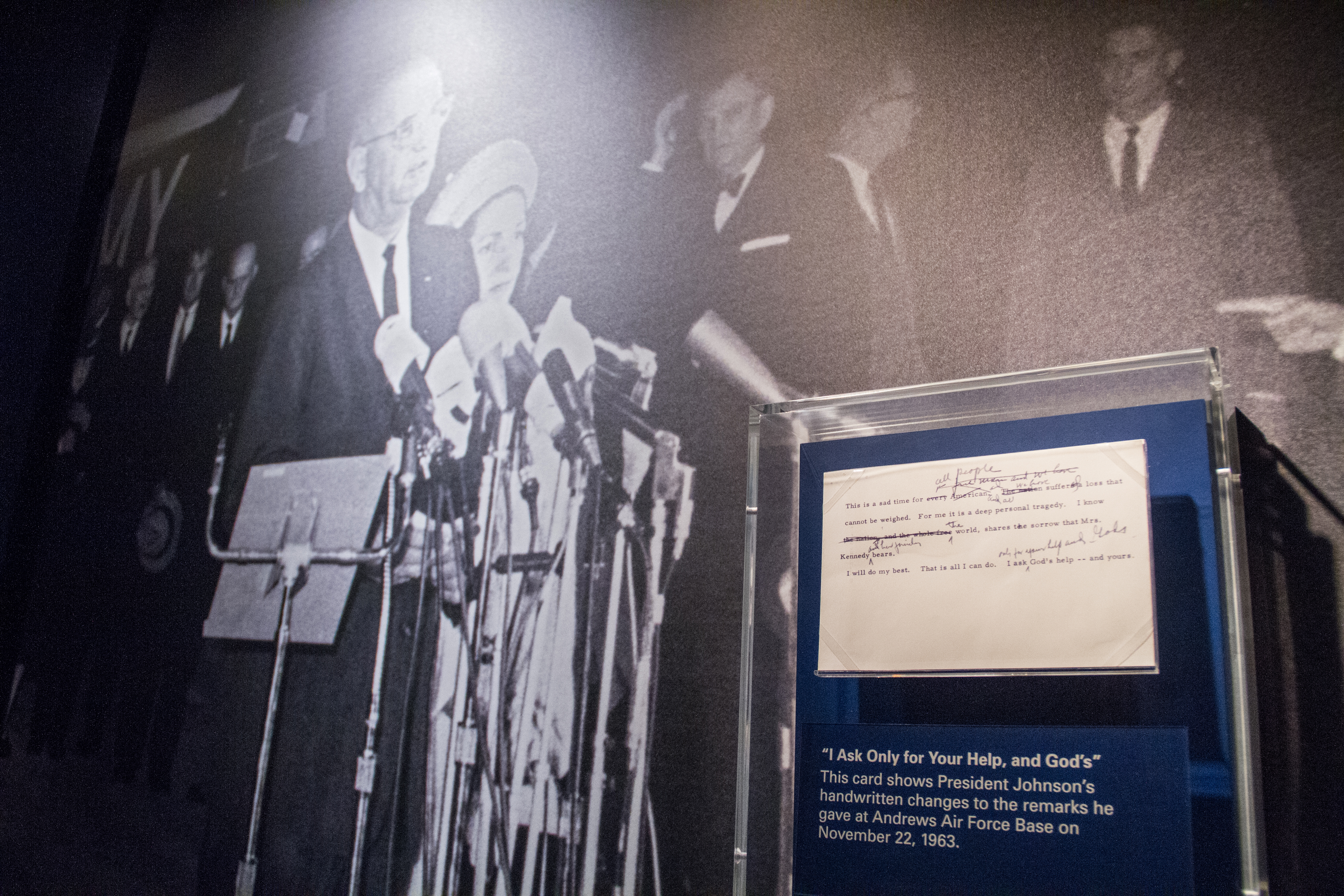 A close up view of a portion of the November 22, 1963 exhibition which displays the card that President Johnson read from at Andrews Air Force Base on the night of November 22nd.
