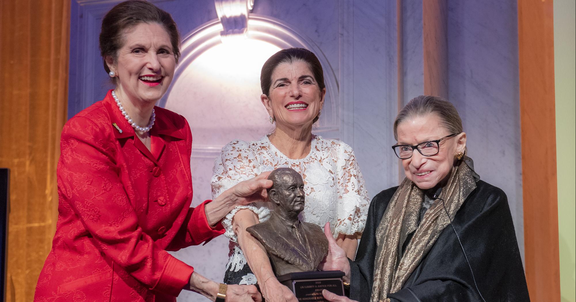U.S. Supreme Court Justice Ruth Bader Ginsburg, right, receives the LBJ Liberty & Justice for All Award from Lynda Johnson Robb, left, and Luci Baines Johnson at the Library of Congress in Washington, D.C., on Jan. 30, 2020. Photo by Jay Godwin #JG7_9453.