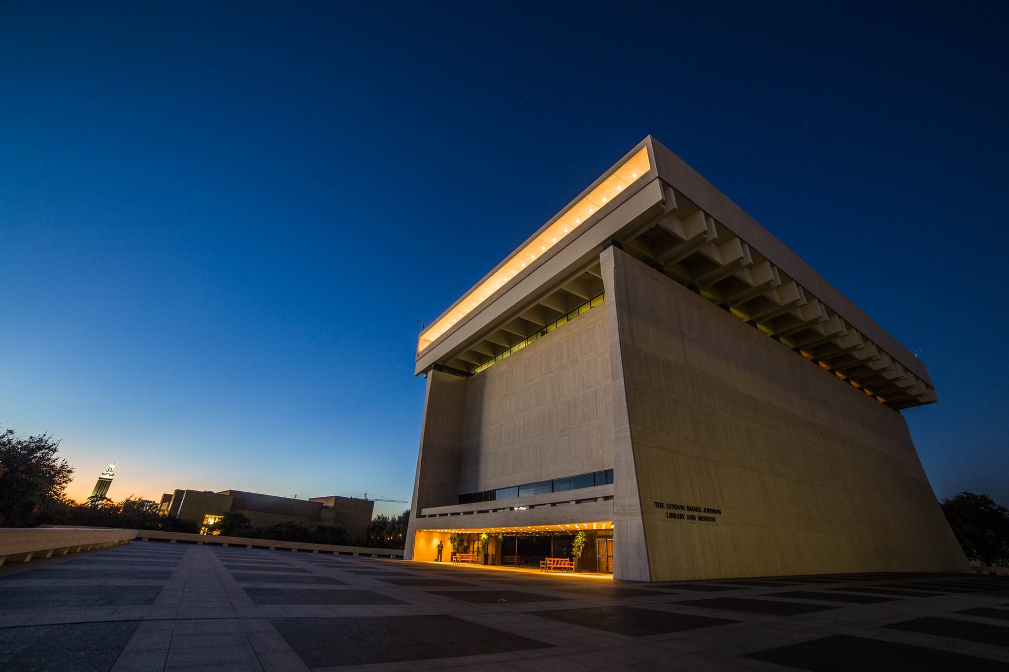 The LBJ Presidential Library at dusk, October 27, 2015.
