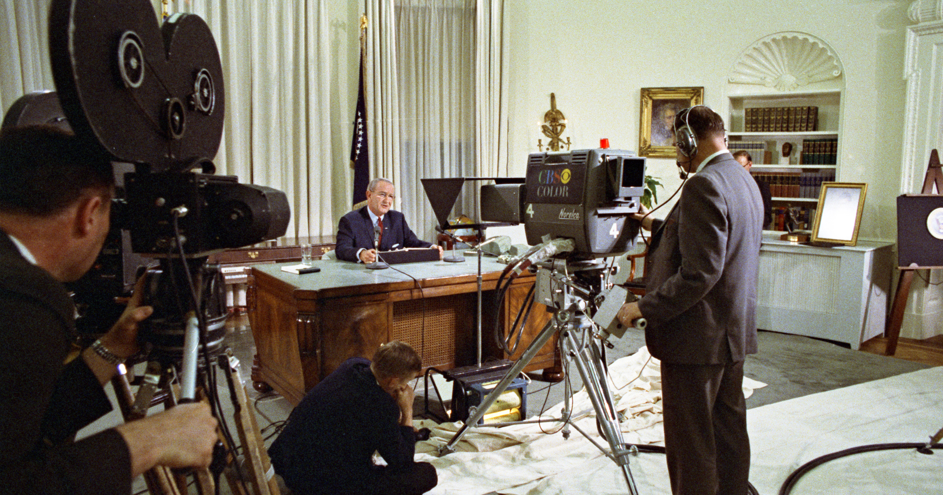 Lady Bird Johnson, President Johnson, Marvin Watson preparing for televised speech