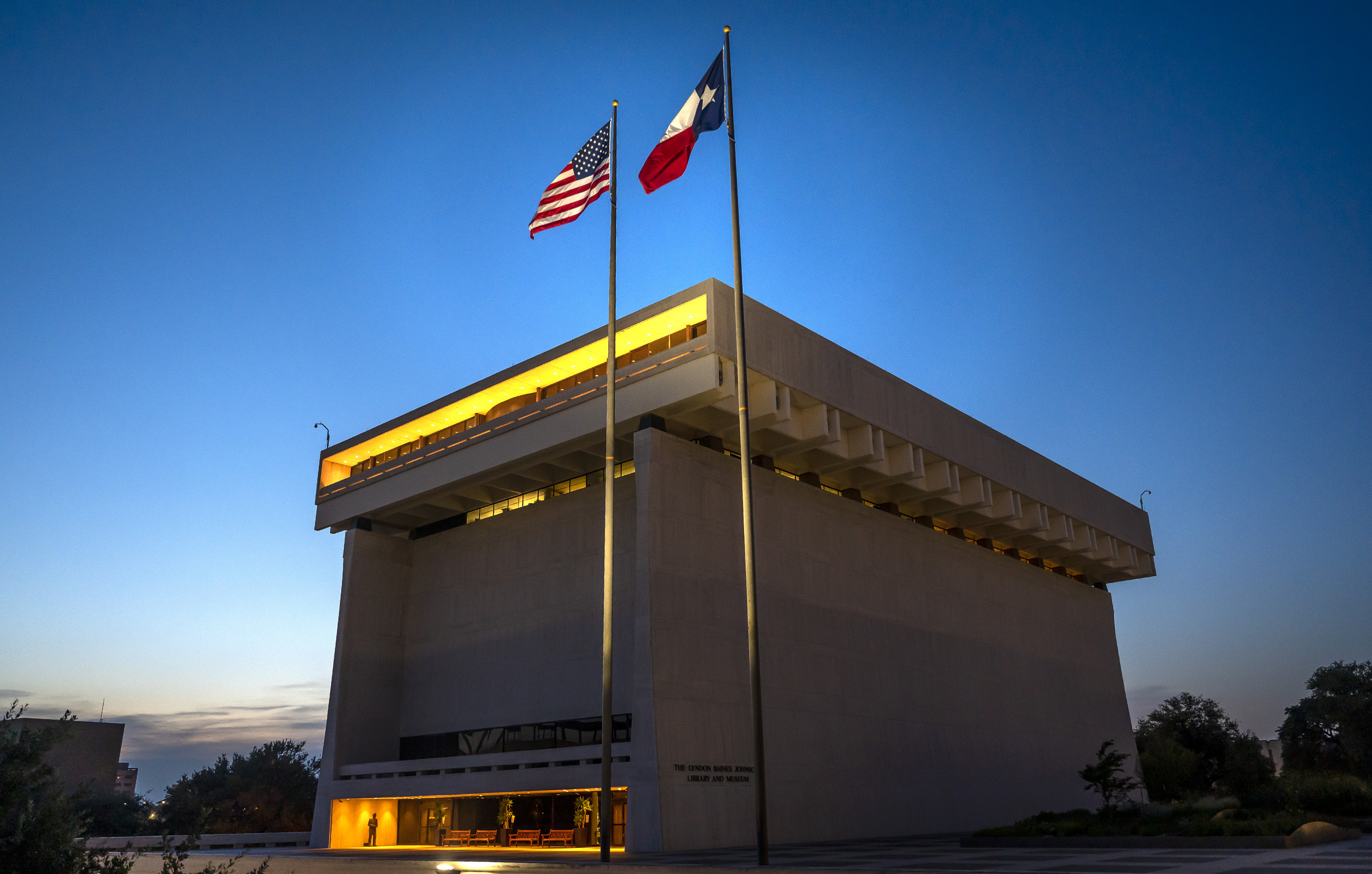 The LBJ Presidential Library in Austin, Texas, at dusk.