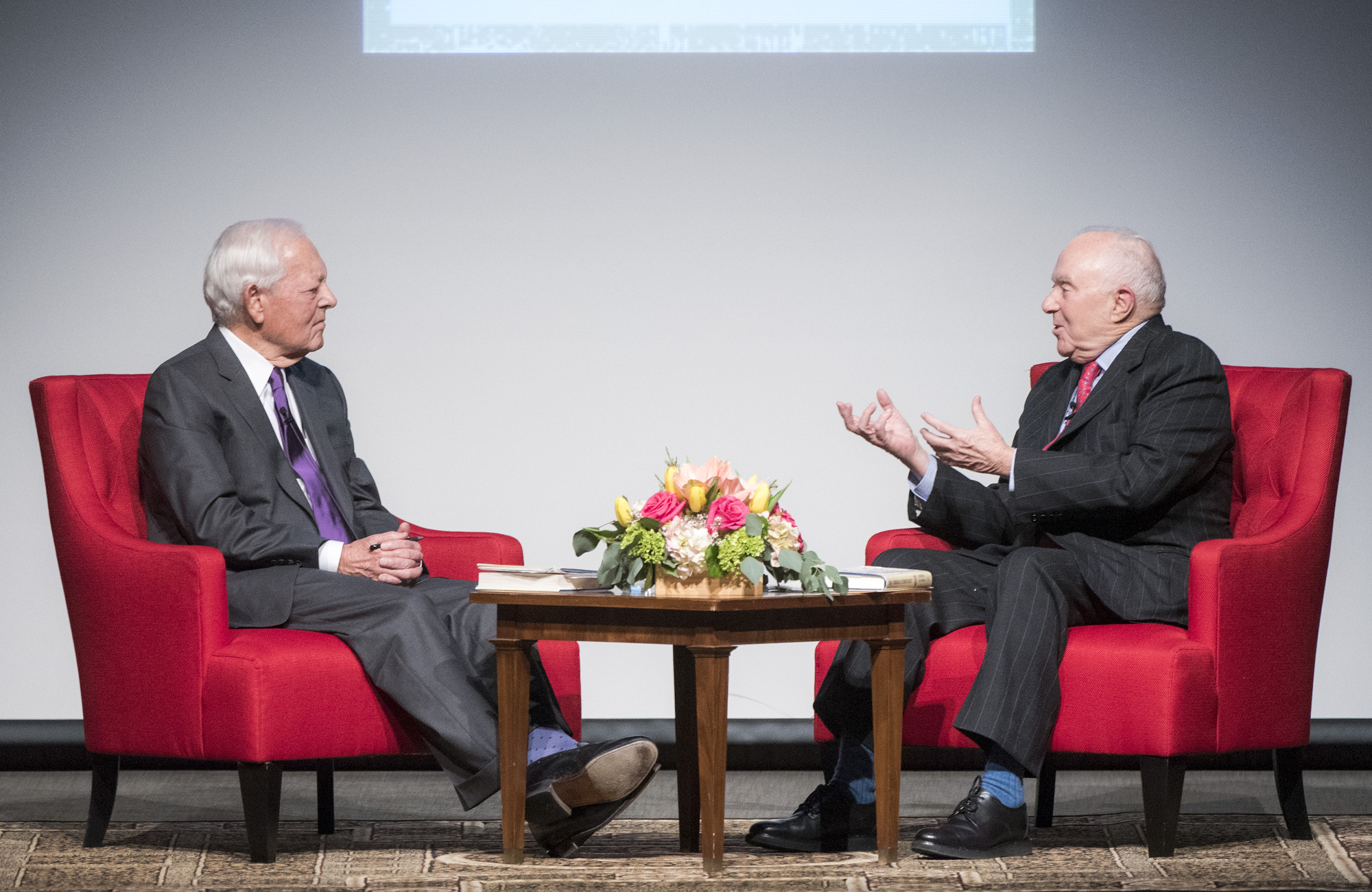 (L-R) Bob Schieffer and Joseph Califano Jr. LBJ Library photo by  Jay Godwin #LBJ_6356