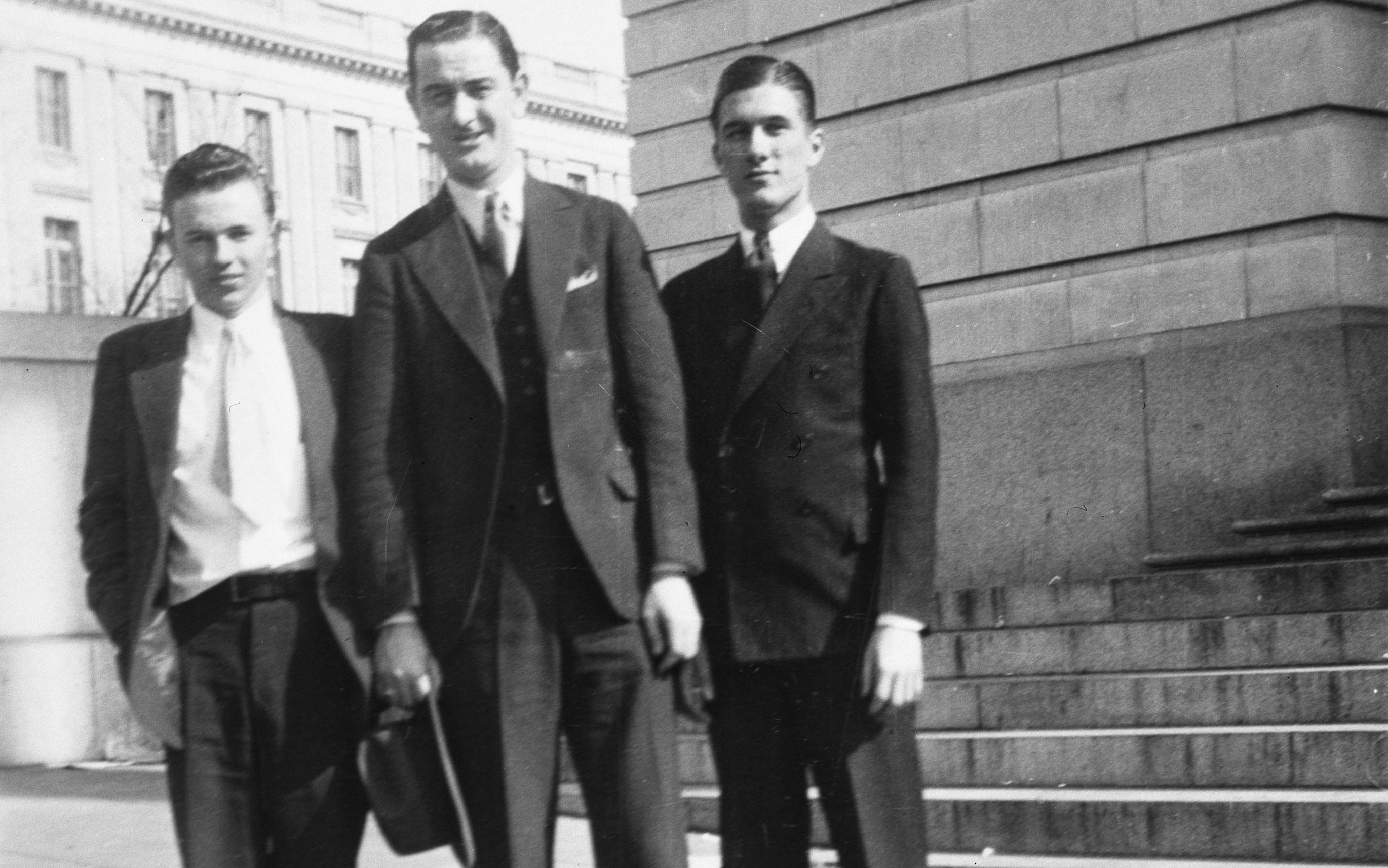 Lyndon B. Johnson with fellow staff members for Texas Congressman Richard Kleberg, Gene Latimer, left, and L.E. Jones, right, circa 1933-1935 on Capitol Hill in Washington, D.C.