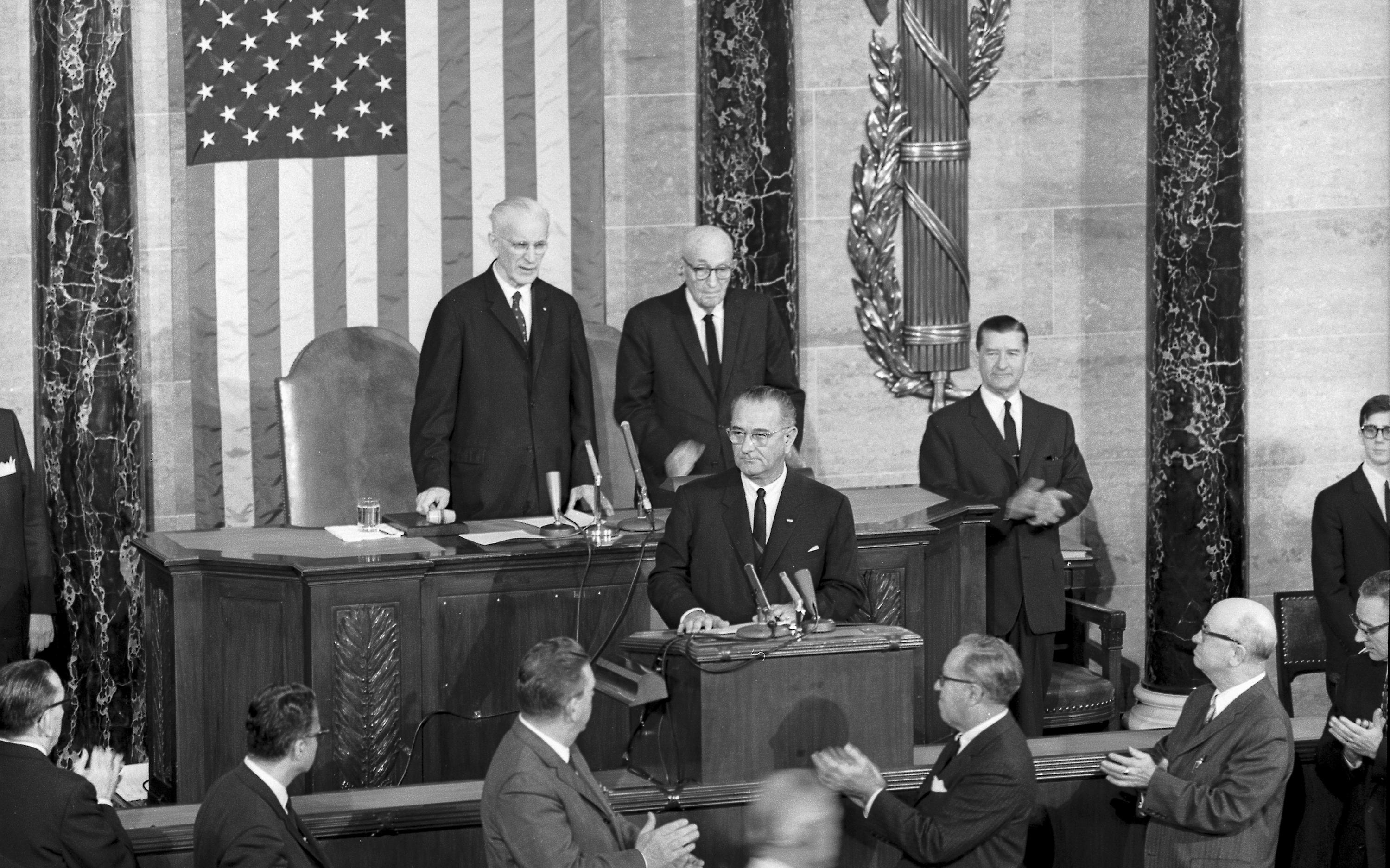 Lyndon B. Johnson makes his first address as president to a joint session of Congress days after President John F. Kennedy's assassination.