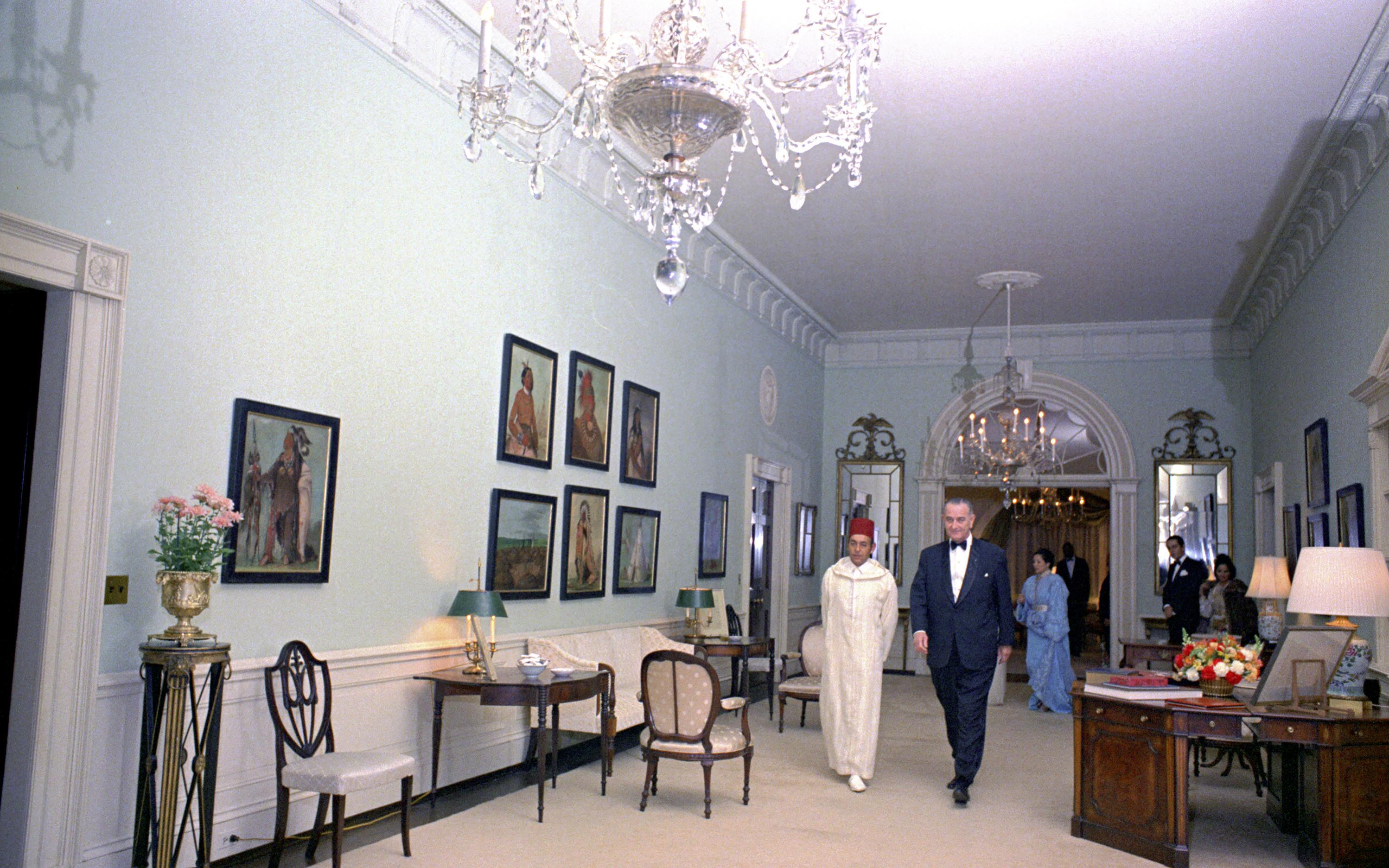 President Lyndon B. Johnson escorts His Majesty Hassan II through the White House. LBJ Library photo by Yoichi Okamoto #C4491-8.