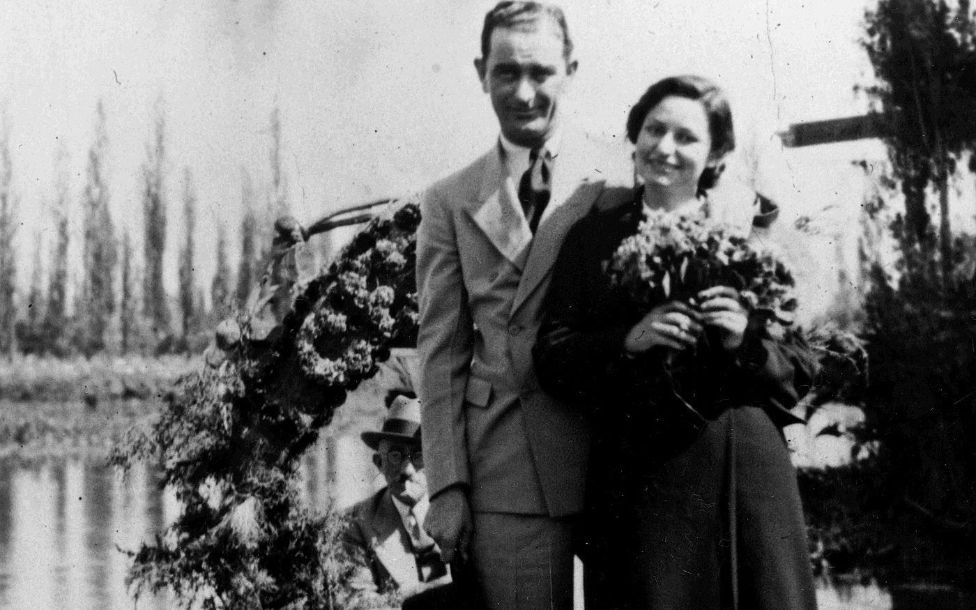 Newlyweds Lyndon B. Johnson and Lady Bird Johnson posing in a boat on the Floating Gardens in Xochimilco, Mexico in November 1934.
