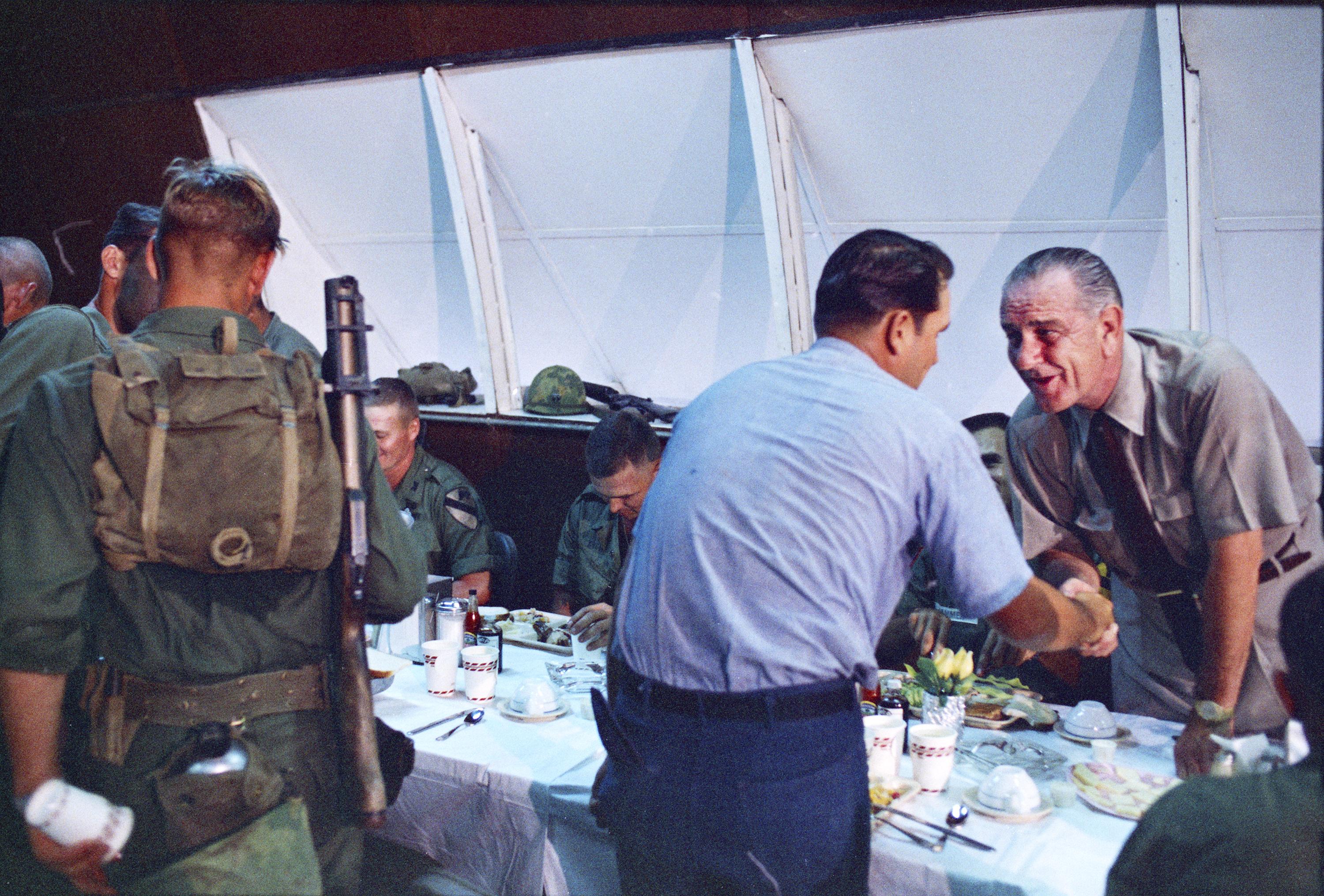 Photo October 1966 President Johnson visits U.S. Soldiers at Cam