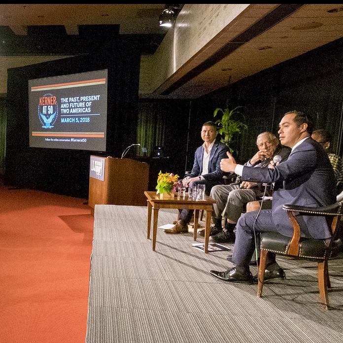 (L-R) Eric Tang, Fred Harris, Kathleen McElroy and Julian Castro. LBJ Library photo by Jay Godwin #DIG14242-070.