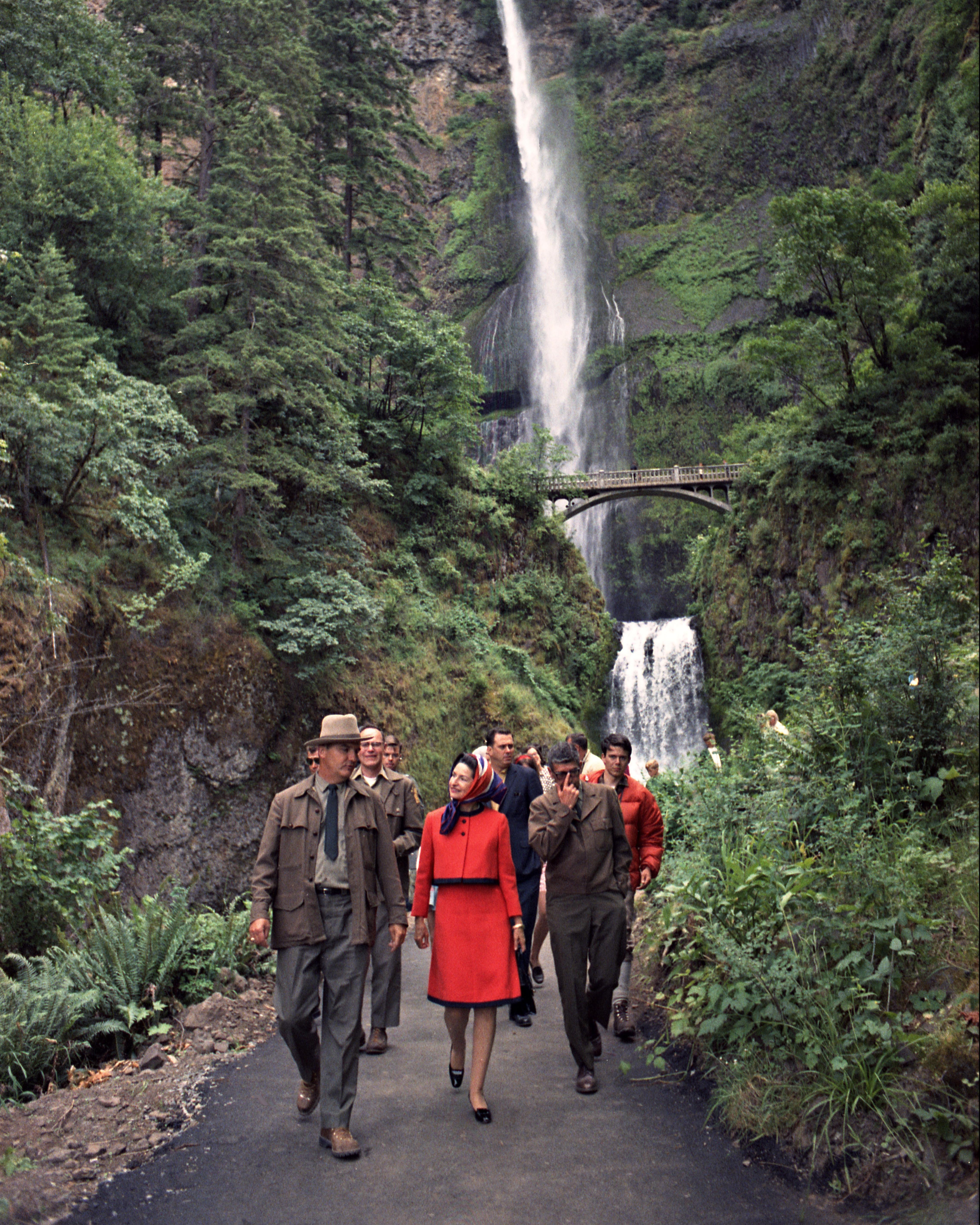 Lady Bird Johnson walks through the Multnomah Falls National Scenic Area.