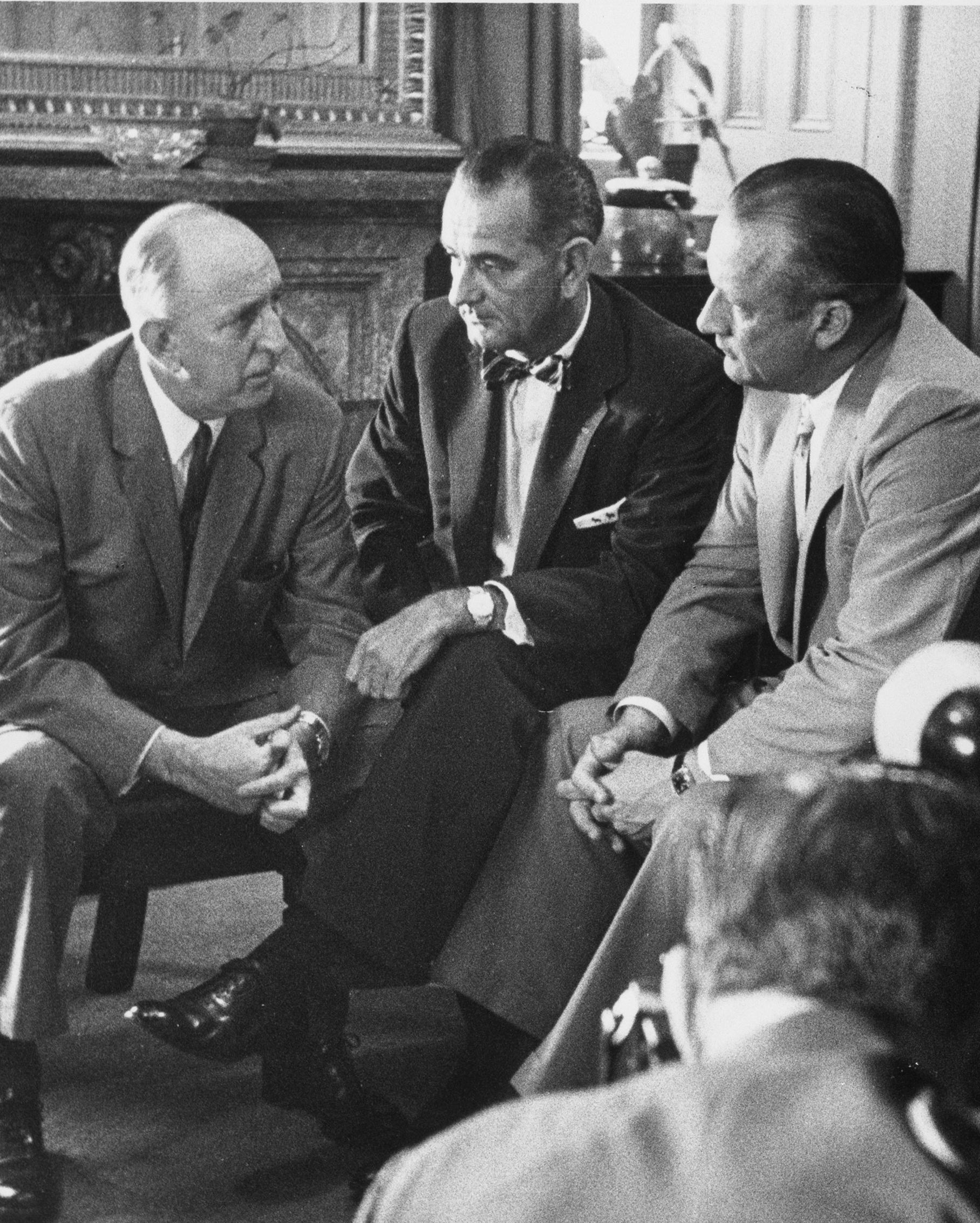 Sen. Richard Russell, Sen. Lyndon B. Johnson, and Sen. William Knowland discuss the 1957 civil rights bill.