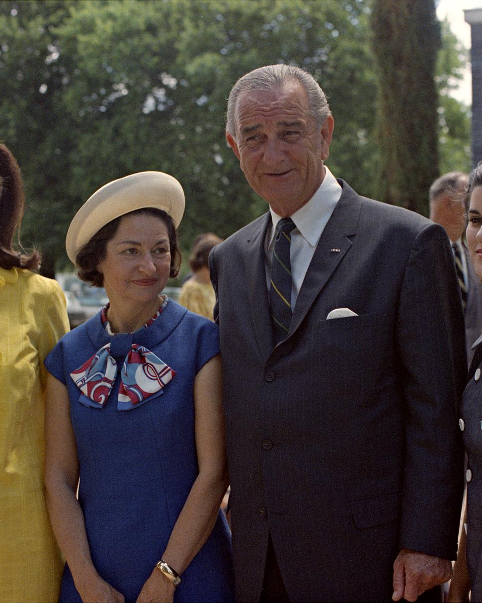 LBJ and Lady Bird with daughters Lynda and Luci outside of the Trinity Lutheran Church in Stonewall, Texas.