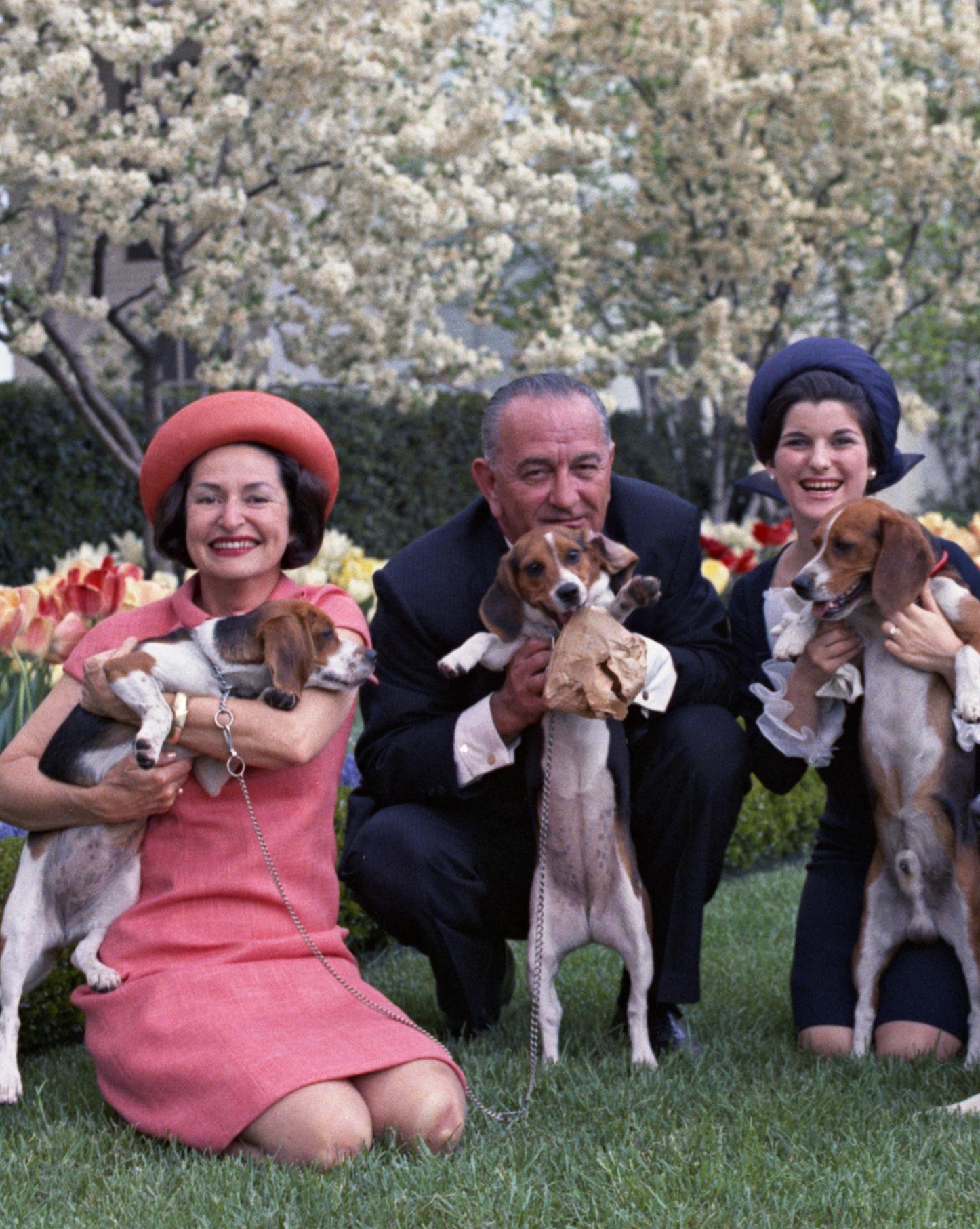 Lady Bird Johnson, President Johnson, and daughter Luci each hold beagles while Patrick Nugent pets another Johnson family dog, Blanco.