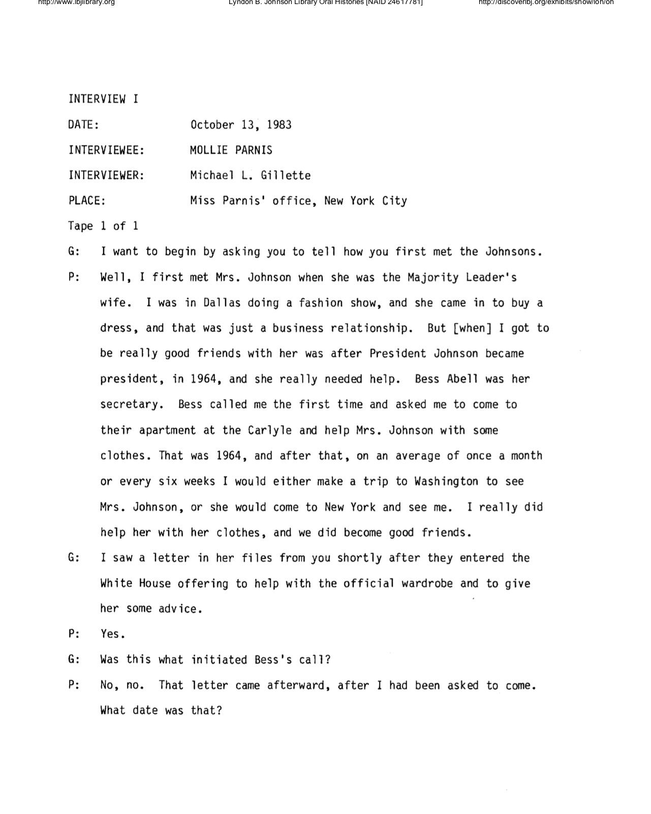 A view of page 1 from Mollie Parnis' oral history transcript