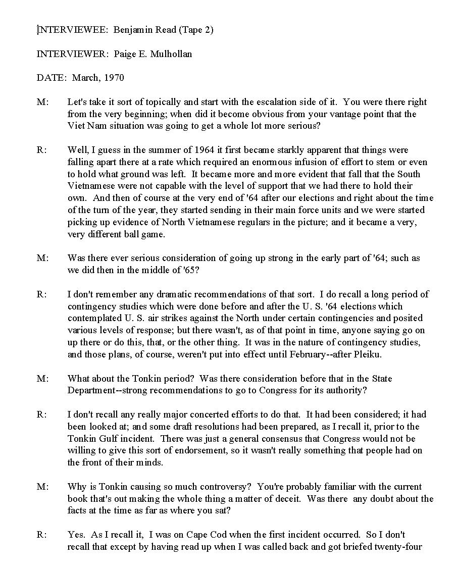 Oral history transcript, Benjamin H. Read, interview 2 (II), 3/1970, by Paige E. Mulhollan