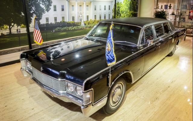 LBJ's presidential limousine on exhibit in the lobby of the LBJ Library