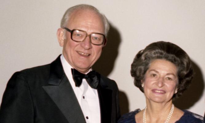 Dr. Bill Livingston with Mrs. Lyndon Johnson at the Friends of the LBJ Library 10th Anniversary Celebration. November 14, 1980. LBJ Library photo by Frank Wolfe #D7219-10.