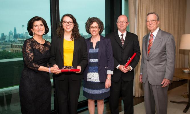 L-R: Luci Baines Johnson, Emily White, Pamela Patton (Emily’s mother), Martin Russell (teacher, Richardson High School), Larry Temple (Chairman, LBJ Foundation). LBJ Library photo by Chris Caselli.
