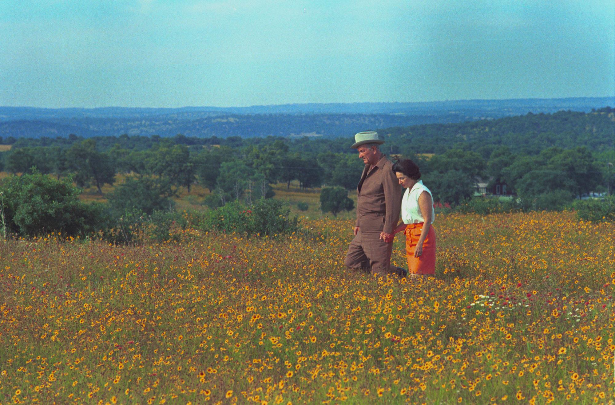 President Johnson and Lady Bird walk through wildflowers.