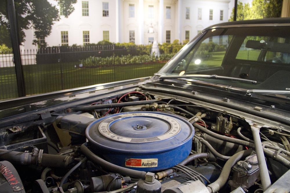 An under the hood view of LBJ's limo, on display at the LBJ Library