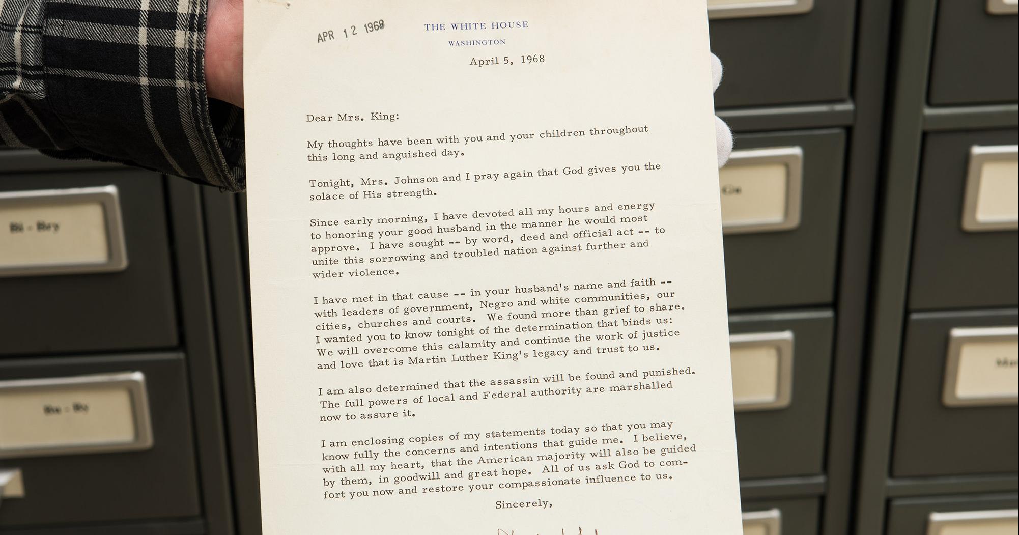 The condolence letter from President Lyndon Johnson to Coretta Scott King.