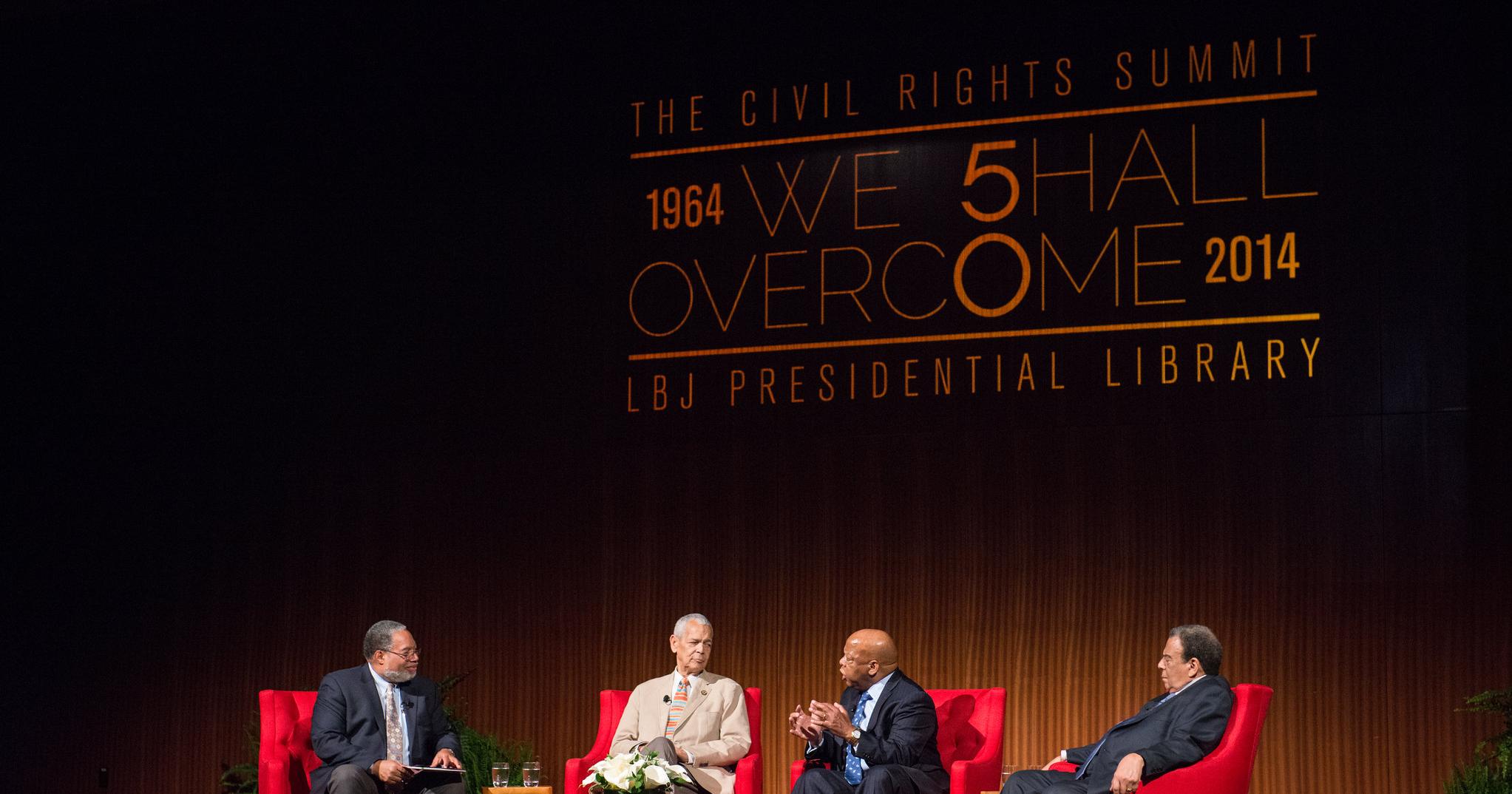 APRIL 9--Shown left to right, Lonnie G. Bunch, III, Founding Director of the National Museum of African American History and Culture, Julian Bond, Former Chairman of the NAACP, John Lewis, US Representative from Georgia, and Andrew Young, Former Congressman and United States Ambassador discuss a panel on the Heroes of the Civil Rights Movement: Views from the Front Line at the Civil Rights Summit at the LBJ Presidential Library.