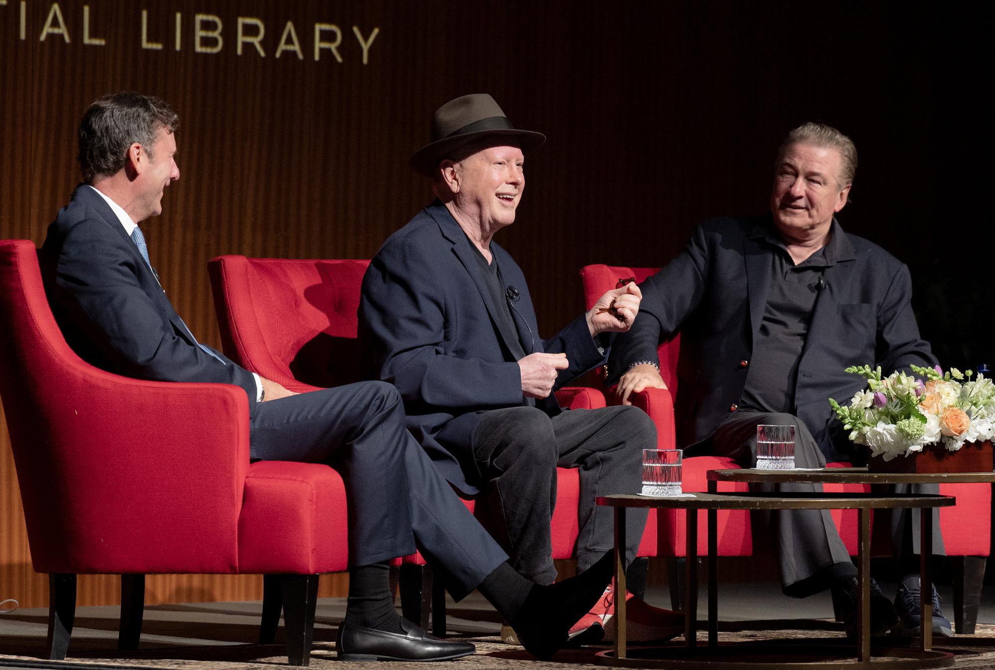 Mark Updegrove, left, Darrell Hammond and Alec Baldwin