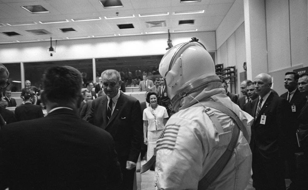 President Lyndon B. Johnson and Lady Bird Johnson tour the facilities at NASA.
